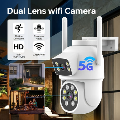 ZHXINSD Dual Lens Security Camera offers 4MP Wireless WiFi connection, Auto Tracking feature, Color Night Vision, Two-Way Audio communication, 360° Pan Tilt functionality, and is USB Powered for convenience.