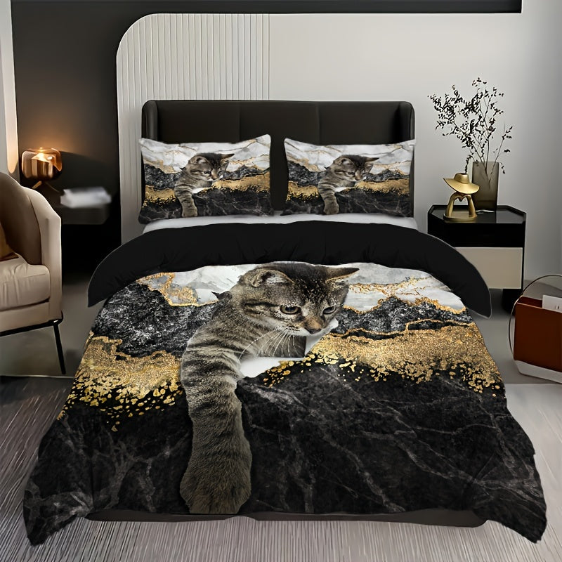 1 Cat & Marble Duvet Cover Set with Pet Cat Pattern Bedding Set featuring a Cute Kitten Printed Comforter Cover. Ideal for Boys, Girls, and Teens with an adorable 3D Animal Theme. The perfect Cat Lover's Gift includes 1 Duvet Cover and 1 or 2 Pillow