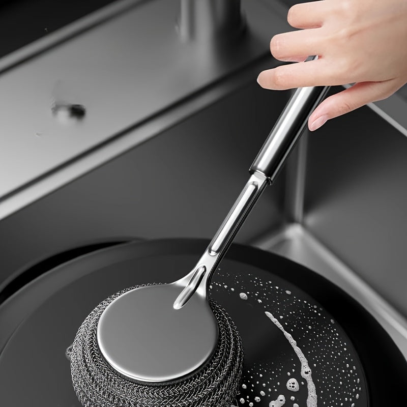 1 Pack Stainless Steel Pan Scrubber with Long Handle - Multi-Purpose Durable Pot Cleaner featuring Comfort Grip Handle for Kitchen, Stove, or Restaurant Use - Manual Operation, No Electricity Needed