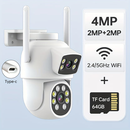 ZHXINSD Dual Lens Security Camera offers 4MP Wireless WiFi connection, Auto Tracking feature, Color Night Vision, Two-Way Audio communication, 360° Pan Tilt functionality, and is USB Powered for convenience.