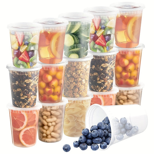 - 10 sets of 32 oz plastic food containers with lids
- Containers are sealed and suitable for freezing and dishwashing
- Ideal for soup, takeout meal preparation, and storage