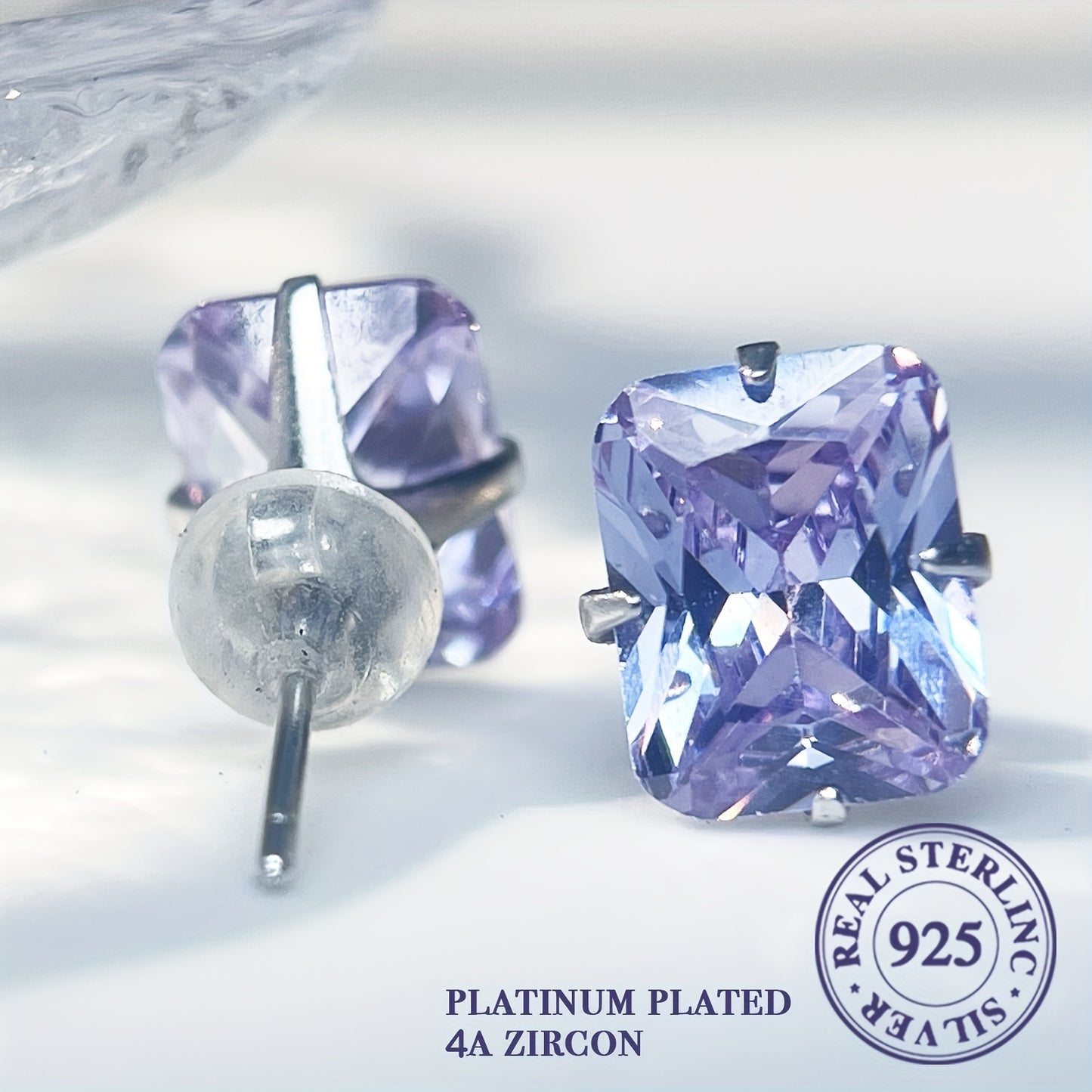 'These refined rectangular stud earrings in 925 sterling silver feature a lovely light purple and blue hue. Versatile for everyday wear and special occasions, they make an ideal Valentine's gift.'