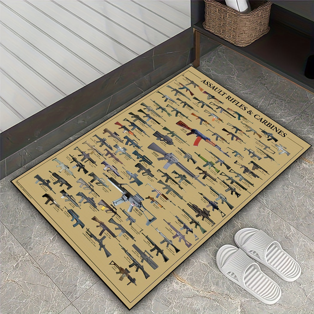 1 piece of a minimalist style rifle print area rug in various sizes (19x31, 31x47, 47x62, 62x90 inches). This washable crawling mat is perfect for high-traffic areas in the living room, bedroom, gaming room, sofa, coffee table, dormitory, holiday room