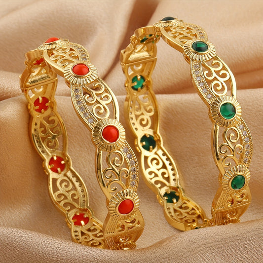 1 piece of 18K gold-plated copper cuff bracelet with synthetic stones and zirconia inlaid openwork design, perfect for women's elegant fashion. Ideal accessory for weddings, parties, and Valentine's Day gift. Vintage style bangle.