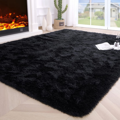 1 piece of Fluffy Black Shag Area Rug, made with extra soft and shaggy materials. Perfect for adding a cozy touch to your bedroom, living room, or outdoor space. Great for home decor.