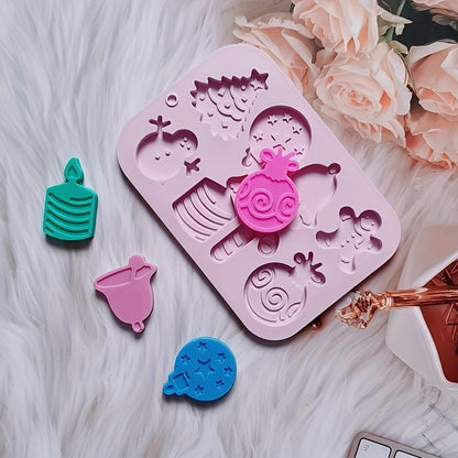 1 piece of Christmas Silicone Cookie Mold with 8 cavities, featuring shapes of Christmas tree, elk, bell, and snowman. This versatile mold can be used to make cakes, chocolates, biscuits, candies, jellies, and puddings. Perfect for creating festive