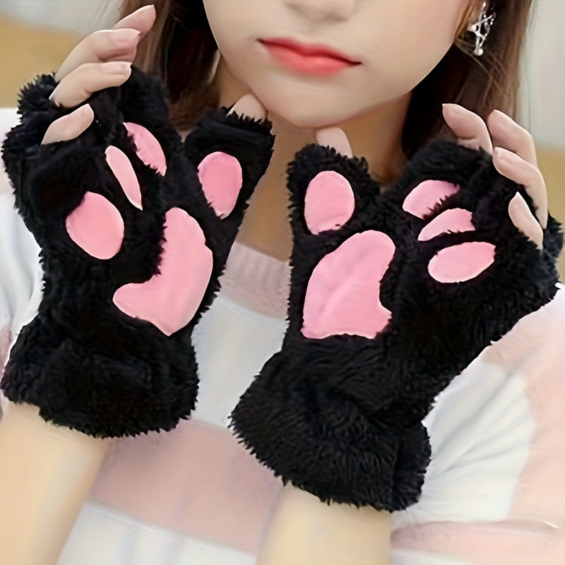 [Customer Favorite] Adorable Cozy Cat Paw Fingerless Gloves - Featuring a Cute Cartoon Design, Made with Soft Cotton Blend Material, Stay Warm and Stylish for Winter Casual Outings - Black with Pink Heart Details, Open Finger Design, Perfect for Girls