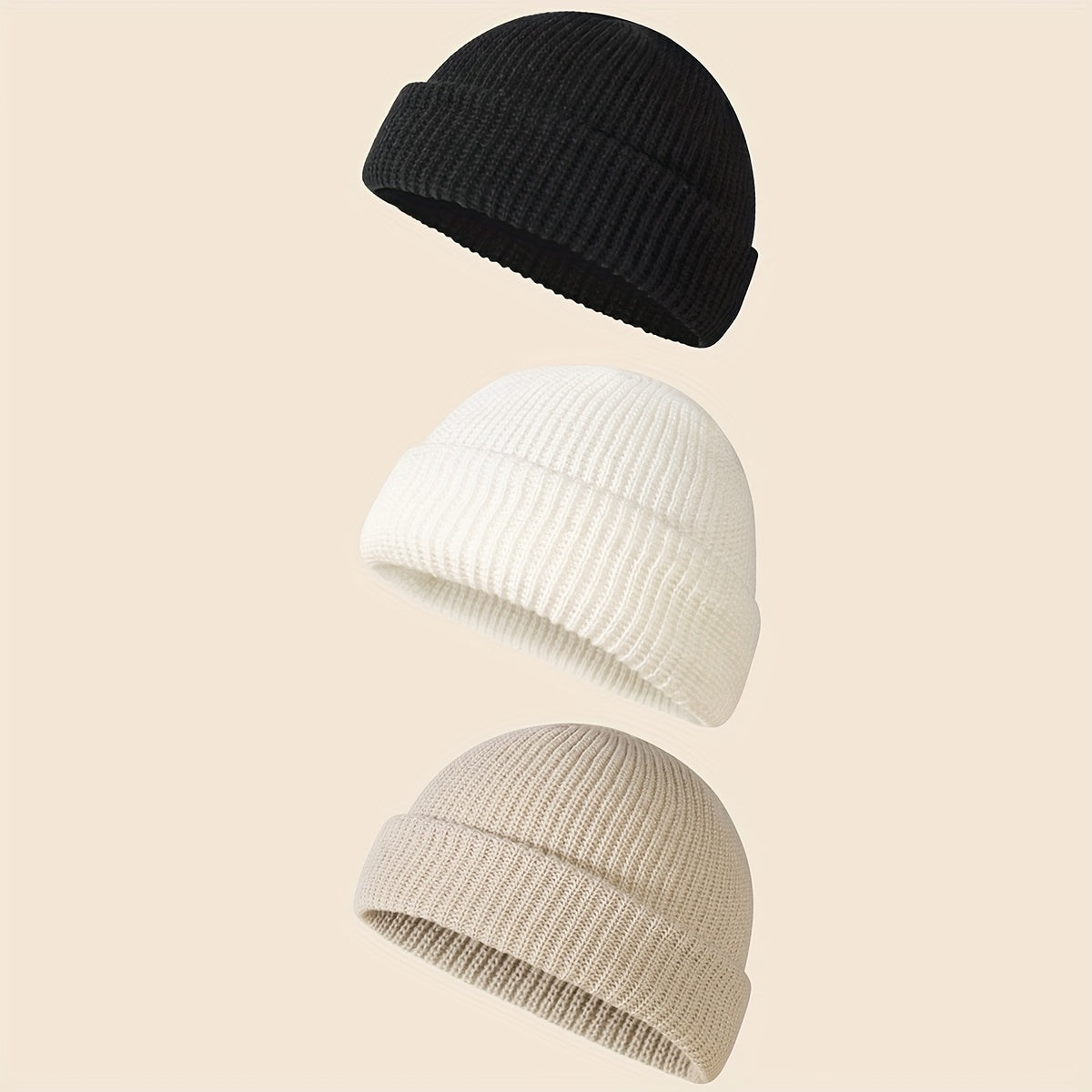 [Customer Favorite] Set of 3 Stylish Solid Color Knit Beanie Hats - Made with 100% Acrylic, Featuring Ribbed Cuffs, Stretchy & Soft Skull Caps in Classic Black, White, & Gray. Perfect for adding a touch of personality to your style!