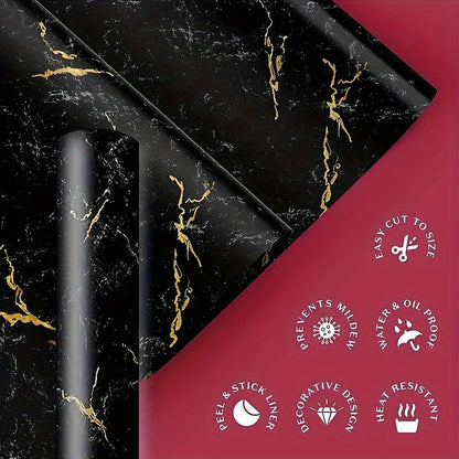 [Highly Rated] Transform your space with a roll of stylish black marble self-adhesive waterproof wallpaper. This trendy furniture renovation solution is perfect for decorating your room or kitchen. It is high temperature and oil resistant, making it