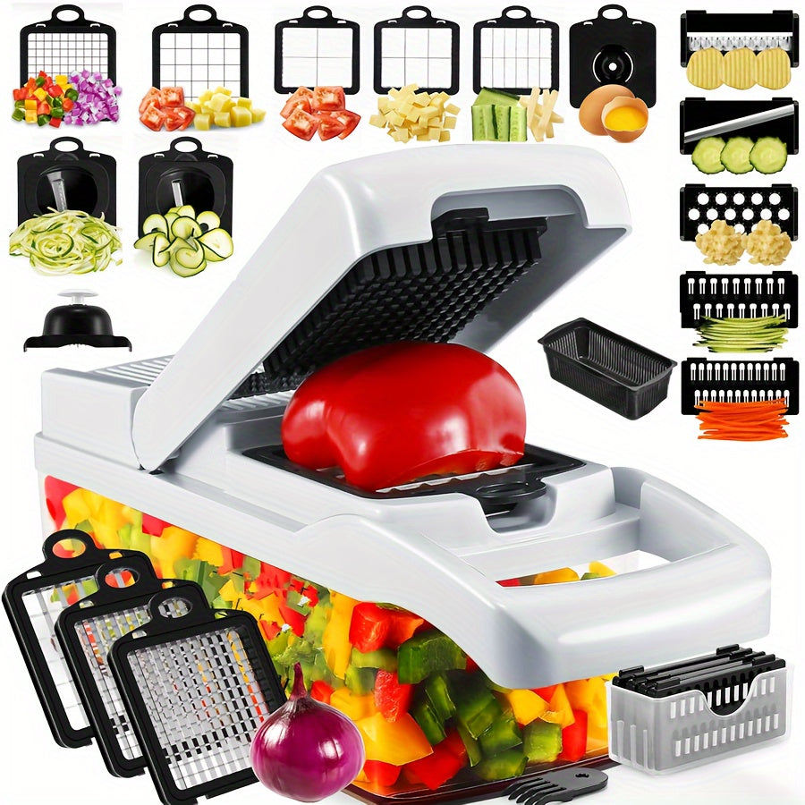 - Kitchen Set includes 1 Vegetable Chopper, 22in1/15in1 Slicer, Manual Food Grater, and Onion Mincer Cutter
- Multifunctional design for slicing fruits and vegetables easily
- Convenient container for collecting sliced vegetables
- Household essential