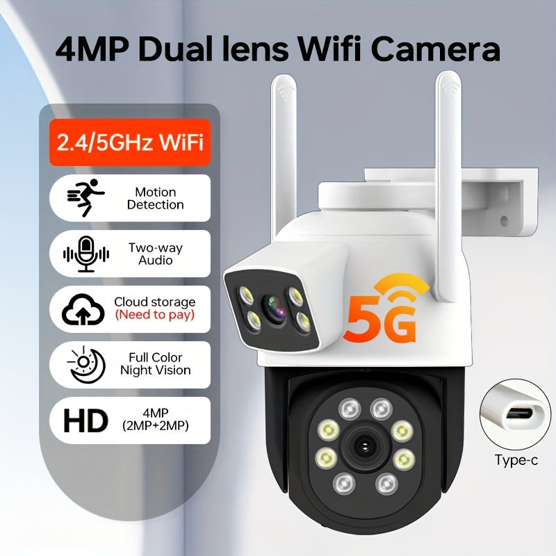 Zhxinsd 4MP Dual Lens Security Camera features 2.4/5GHz WiFi connectivity, motion detection, indoor/outdoor wireless home surveillance, 2-way audio, full color night vision, and is USB powered. Suitable for ages 14 and up, this camera does not require a