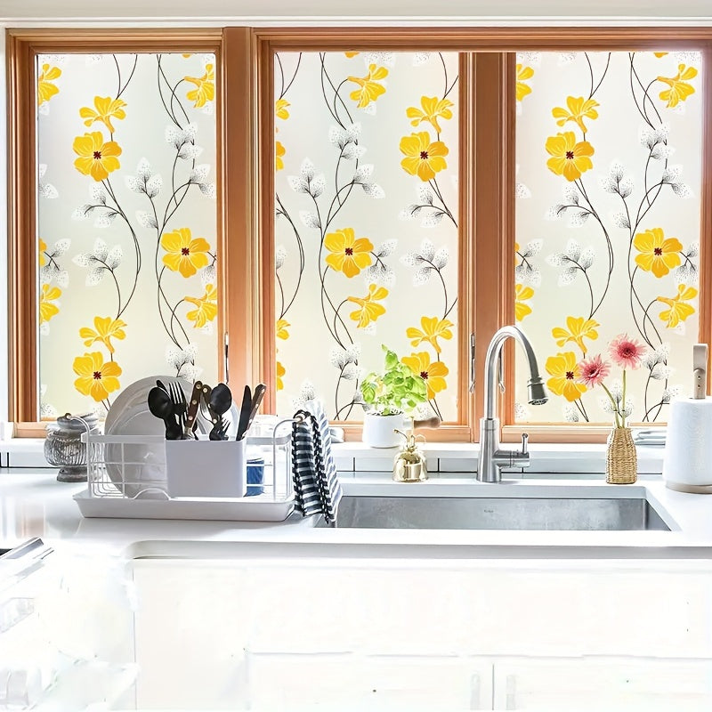 Yellow Floral Pattern Static Cling Window Film - Window Privacy Sticker for Home Decor