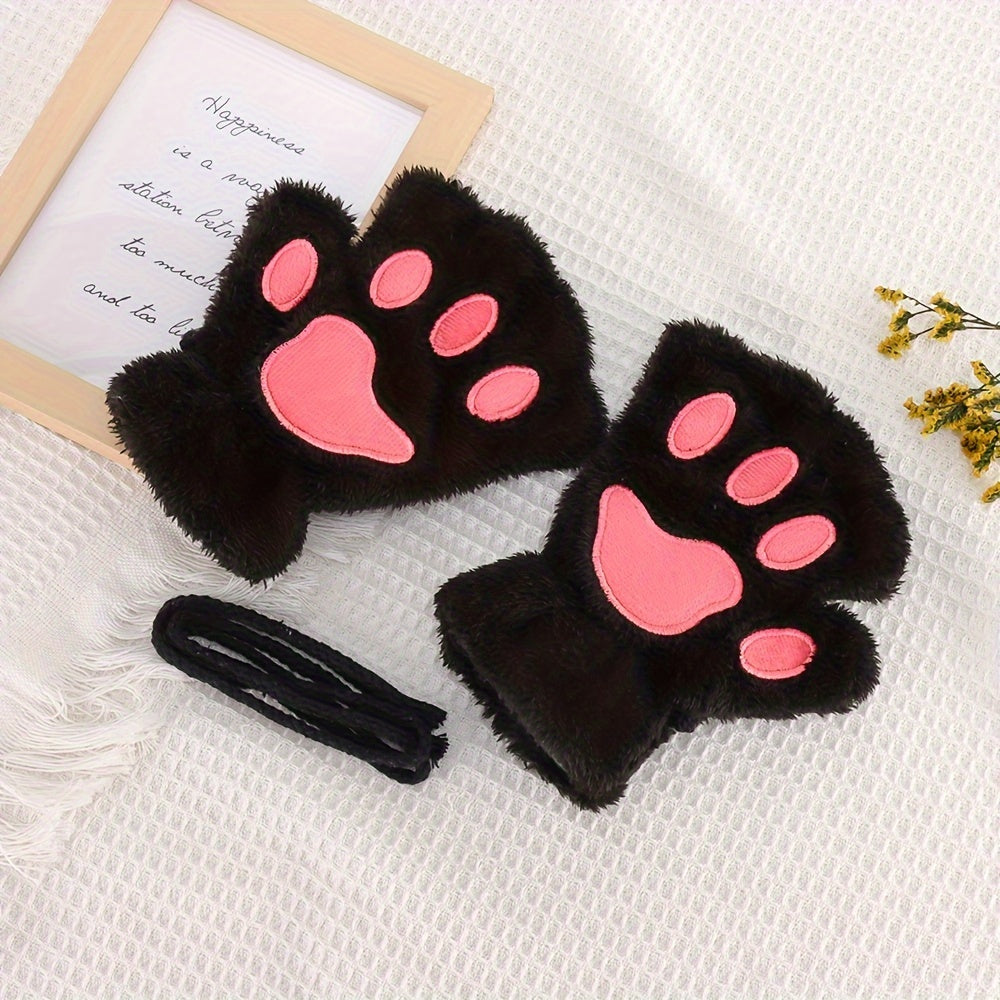 [Customer Favorite] Adorable Cozy Cat Paw Fingerless Gloves - Featuring a Cute Cartoon Design, Made with Soft Cotton Blend Material, Stay Warm and Stylish for Winter Casual Outings - Black with Pink Heart Details, Open Finger Design, Perfect for Girls