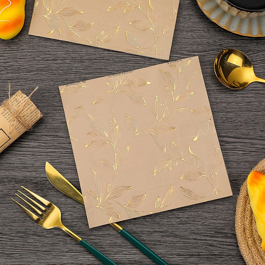 20 Golden Leaf Disposable Napkins - 2-Ply, Safe for Food Use - Ideal for Parties, Dinners, and Restaurants - 33.02cm Square, Convenient for Home, Outdoor, Travel, and Business - Reusable and Portable