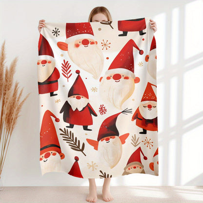 1 piece of Christmas Santa & Gnome Patterned Soft Warm Flannel Lightweight Plush Throw Blanket that is washable and multifunctional for use on the sofa, home, office, camping, and travel. This contemporary style blanket is durable and designed for