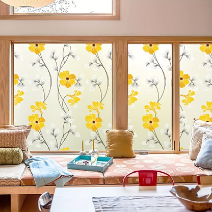 Yellow Floral Pattern Static Cling Window Film - Window Privacy Sticker for Home Decor