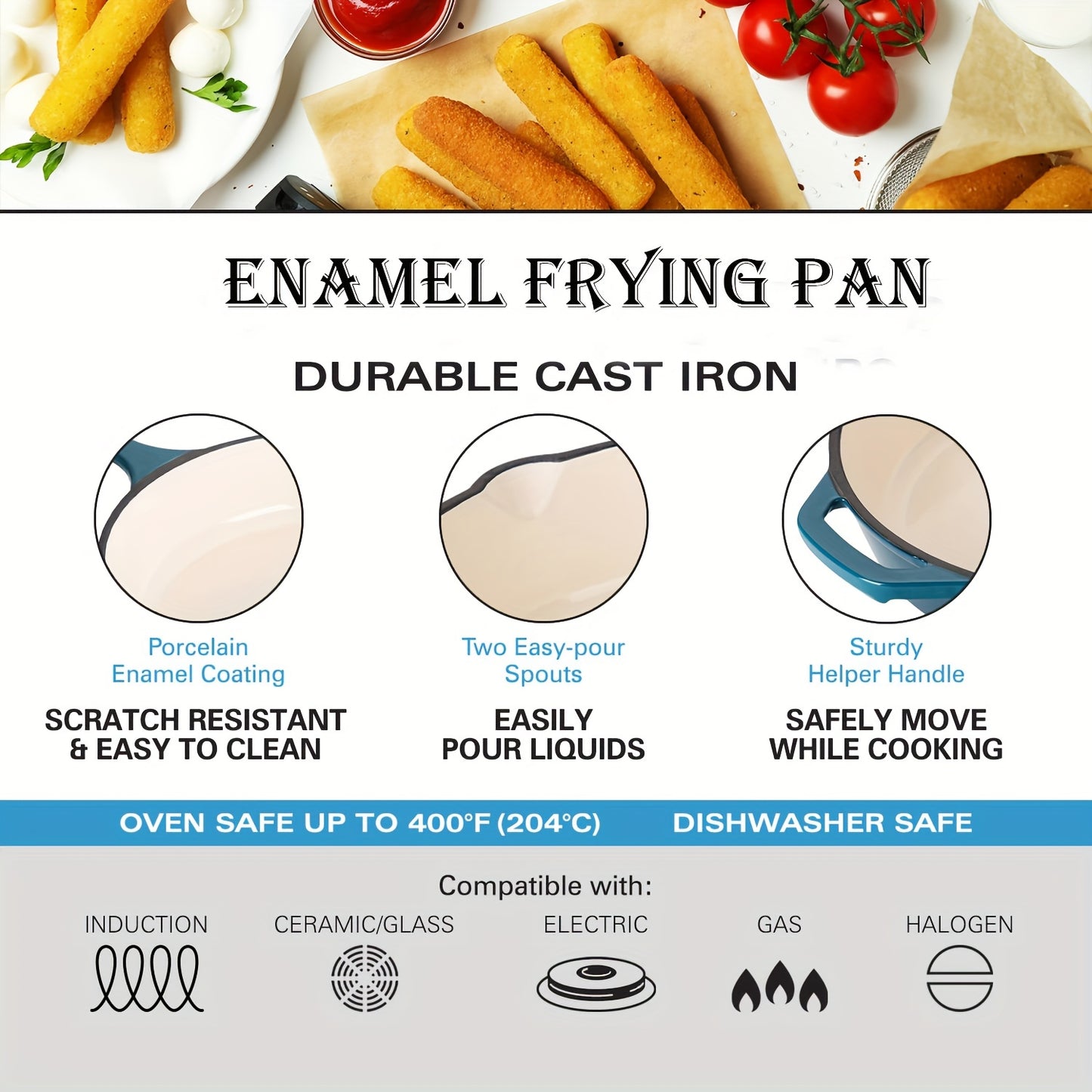 1 piece of cast iron fry pan with a pour spout, round in shape. This versatile fry pan is perfect for cooking on the stove or in the oven. With its enamel coating and heat-safe properties up to 400 degrees, this fry pan heats evenly and is a essential