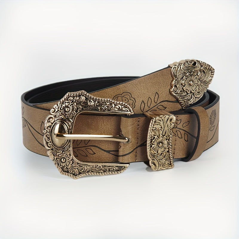 #N085 Wide 3.8cm Retro Carved Flower Print Women's Belt in Dark Brown and Light Brown - Perfect for Autumn and Winter. This versatile y2k belt can be dressed up with jeans, suits, and long skirts. A must-have accessory for girls, great for holiday gifts