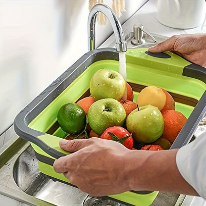 1 piece of a collapsible cutting board with a built-in colander, this multifunctional silicone folding chopping board also doubles as a dish tub basin and food strainer storage basket. Perfect for draining and washing vegetables and fruits in the kitchen