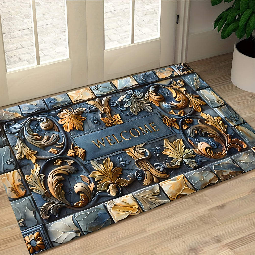 1 piece of 3D stone design welcome home doormat made of 100% polyester. It is machine washable, stain resistant, and has a non-slip rubber backing. This lightweight braided rectangular rug can be used indoors or outdoors, in the hallway, kitchen