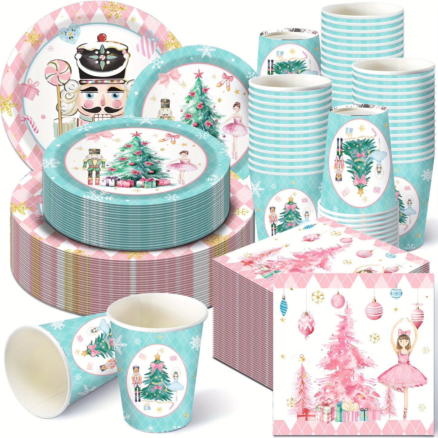 Christmas Party Supplies for Men featuring Pecan Fairy Christmas Tree Design - Complete Set with Plates, Cups and Napkins for Festive Holiday Tableware