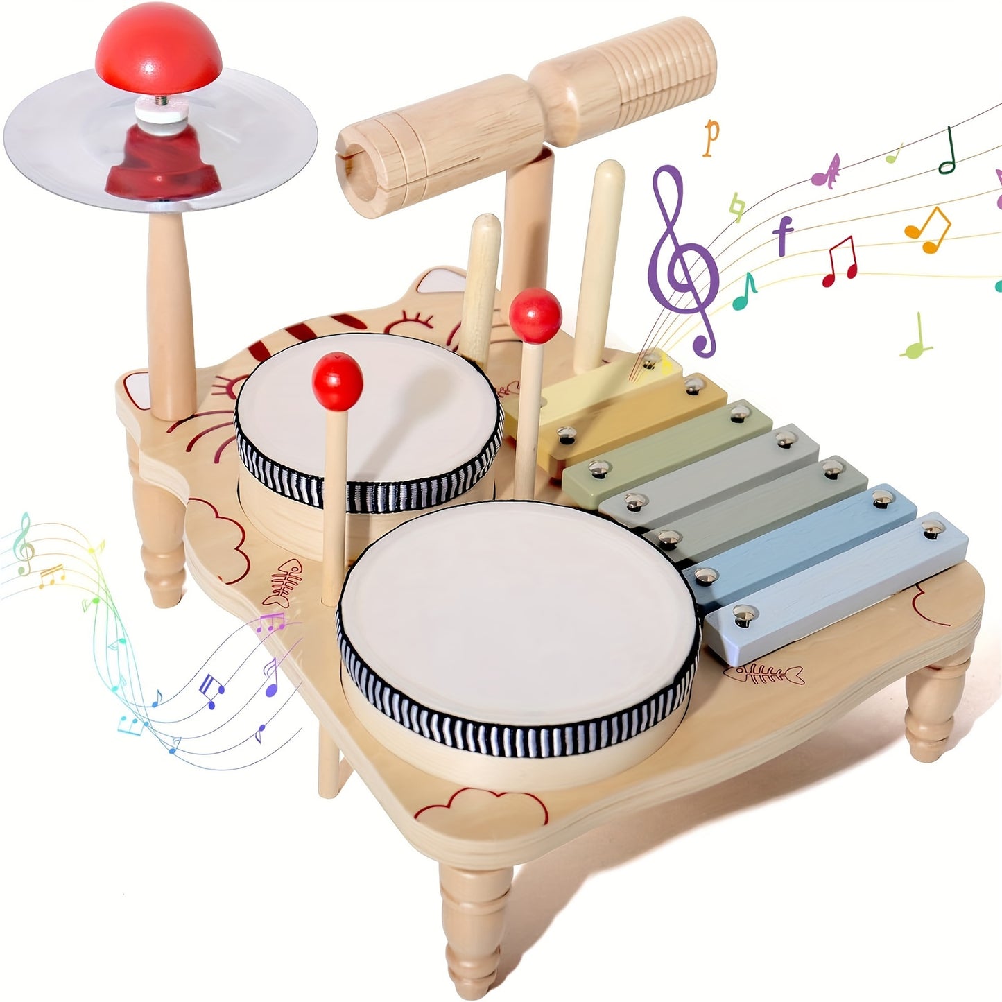 YIDIEMO Kids Drum Set with Tambourines - 10-in-1 Musical Instruments for Toddlers, Percussion Wooden Baby Toys, Developmental Early Teaching Aids, Preschool Drum Kit Xylophone for Kids - Perfect for Birthdays, Halloween, and Christmas!