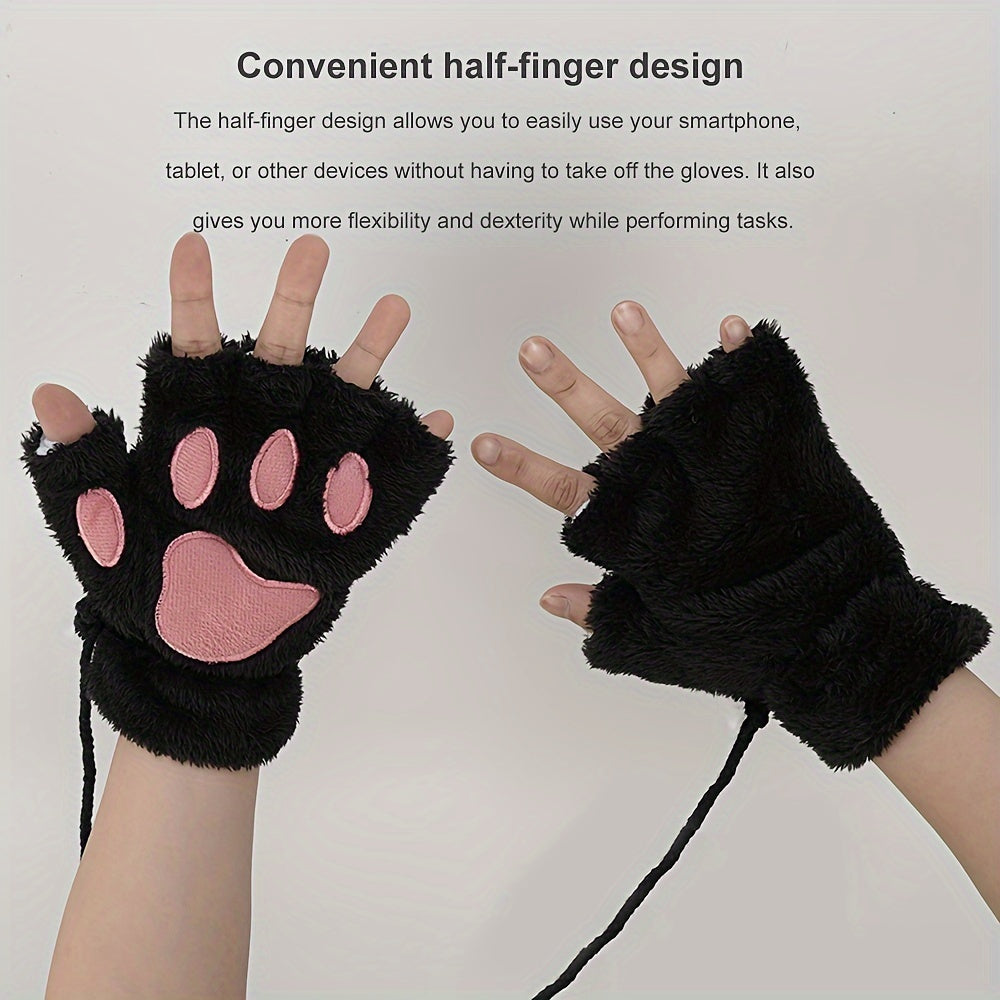 [Customer Favorite] Adorable Cozy Cat Paw Fingerless Gloves - Featuring a Cute Cartoon Design, Made with Soft Cotton Blend Material, Stay Warm and Stylish for Winter Casual Outings - Black with Pink Heart Details, Open Finger Design, Perfect for Girls