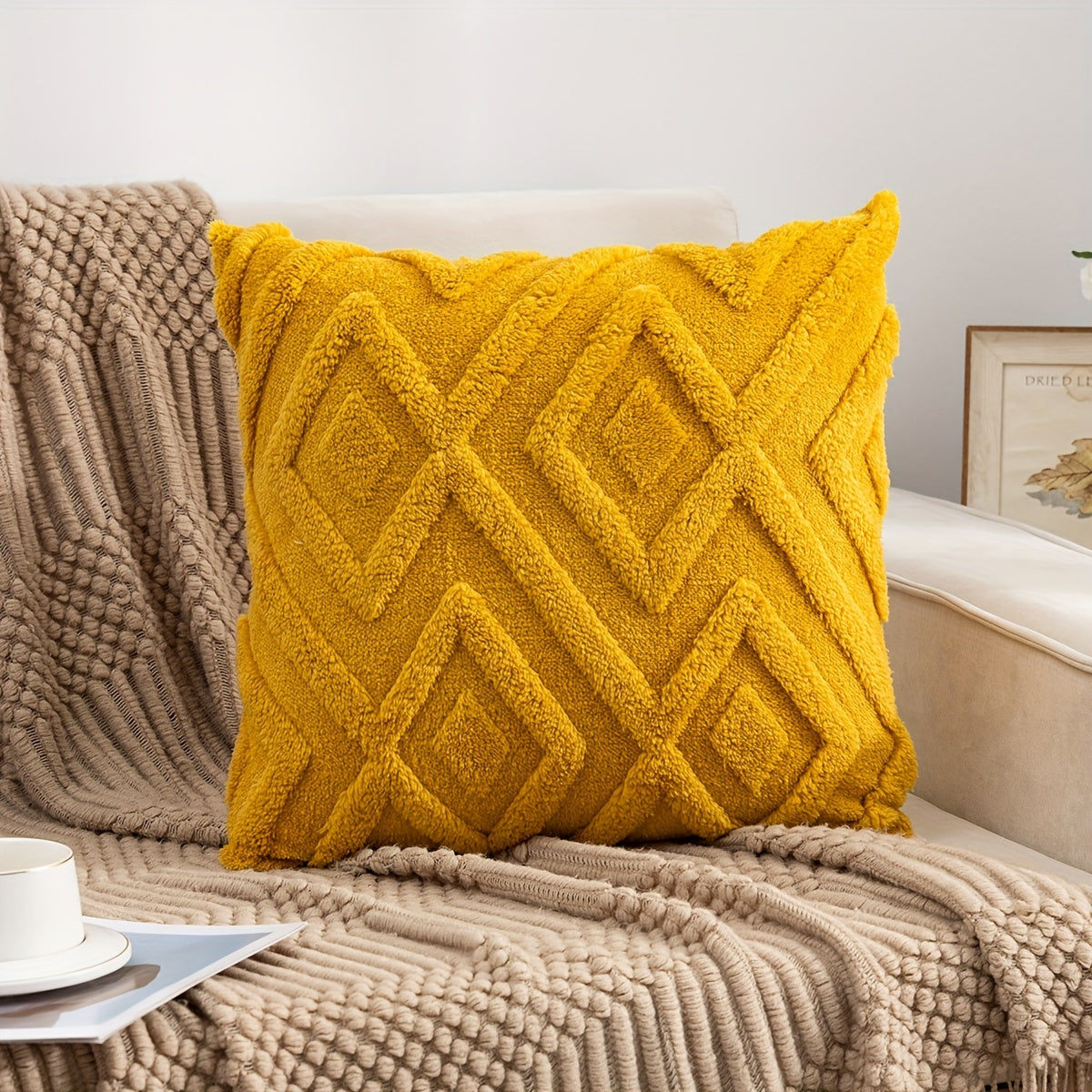 1 Bohemian Style Shaggy Chenille Throw Pillow Cover, Decorative Large Diamond Pattern Cushion Cover for Sofa Couch Home Decor - Mustard Yellow, 50.04x50.04 Cm