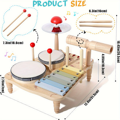 YIDIEMO Kids Drum Set with Tambourines - 10-in-1 Musical Instruments for Toddlers, Percussion Wooden Baby Toys, Developmental Early Teaching Aids, Preschool Drum Kit Xylophone for Kids - Perfect for Birthdays, Halloween, and Christmas!