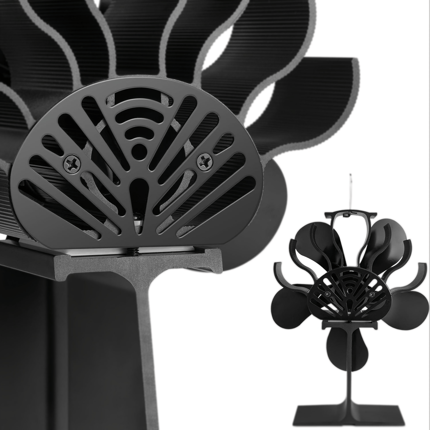 1 piece of 5-blade thermal stove fan made of high-efficiency aluminum designed for fireplaces. This fan operates quietly and is ideal for use with combustion stoves for hydronic heating. A great addition to your home supplies.