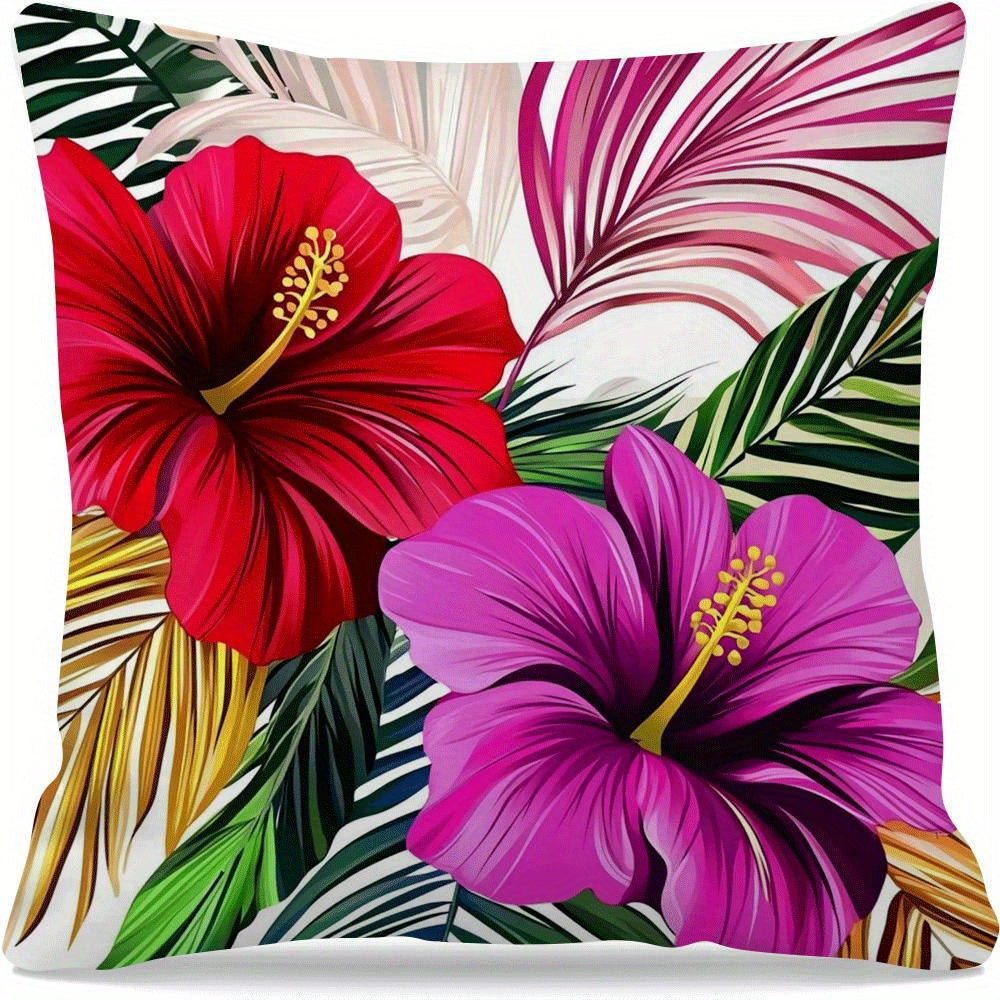 1 piece of chic hibiscus and palm print pillowcase, measuring 45.01cm, made of polyester with a zippered closure. This cushion cover is machine washable and features an all-season floral theme, perfect for adding a touch of style to your sofa or bedroom