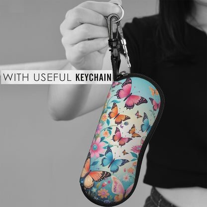 Portable and stylish, this soft neoprene eyeglasses case features a colorful butterfly pattern and comes with a key chain. Perfect for men and women, this anti-pressure case will keep your glasses safe and secure.