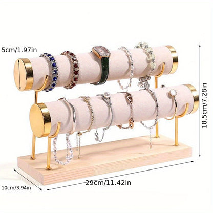 [Любимая вещь покупателей] Стильная трехъярусная подставка для браслетов в элегантном золотистом тоне с деревянной основой — идеально подходит для демонстрации ювелирных изделий, часов и аксессуаров.