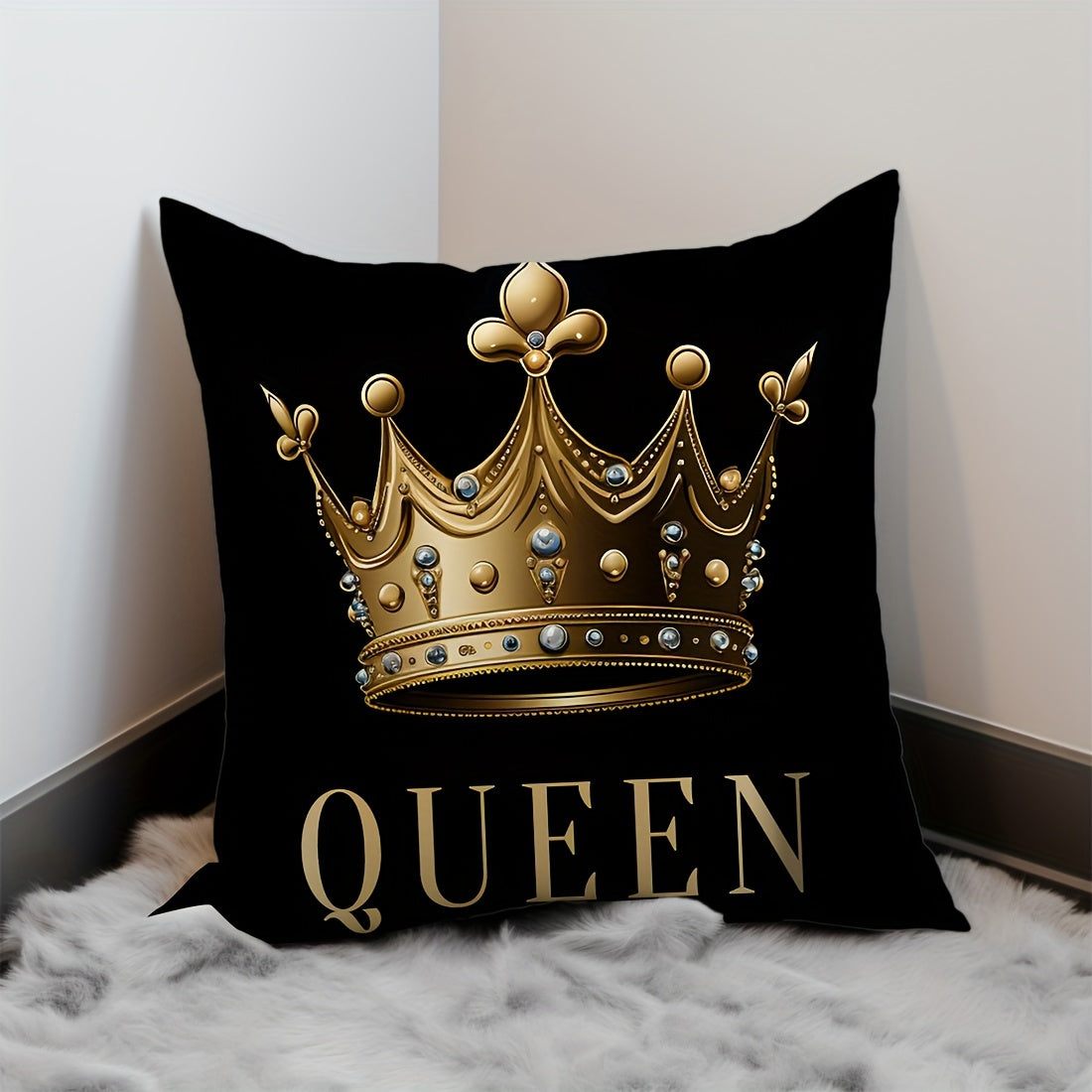 [Best-Selling] Set of 1 or 2 45x45cm Peach Skin Pillowcases with Black Background, Golden Crown King and Queen Design. Perfect for Car Seat Cushions, Living Room Sofas, Bedroom Pillows, Bedside Backrests, or Home Decor. Single-Sided Printing, Pillow Core