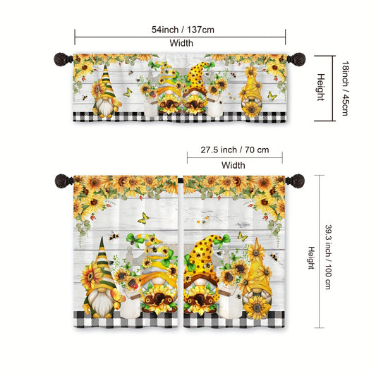 1 piece of curtain head and 2 pieces of curtains with a rural pastoral style sunflower gnome design. These curtains have a pole mouth for easy hanging and are perfect for spring seasonal decoration. They are printed with a filter design, making them