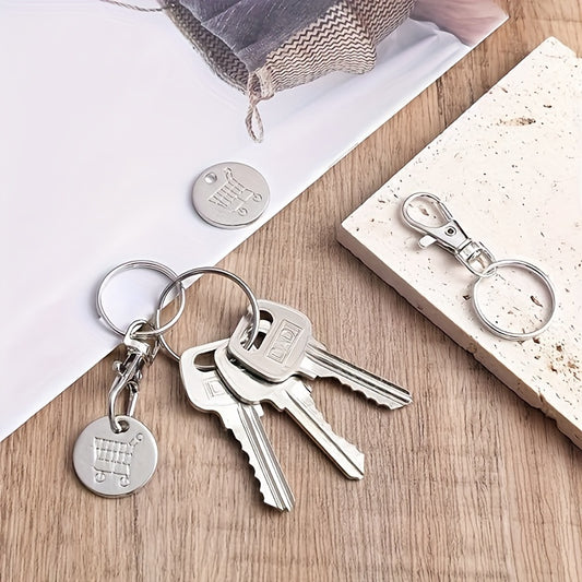 Supermarket shopping cart accessories set with hand-pushed cart, logo coin, metal token wallet, and key chain. Perfect for kitchen supplies and accessories.