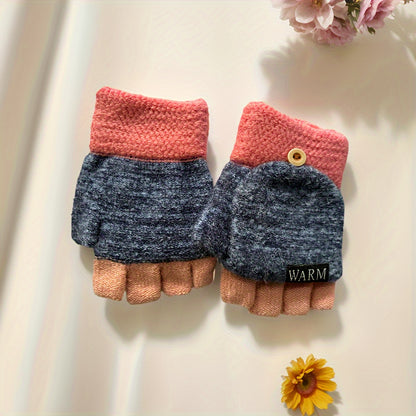 [Trendy Option] Convertible Knit Gloves for Women, Stylish Half-Finger Gloves with Flip Cover, Windproof and Cold Resistant, Made of Soft Cashmere in Solid Colors - Hand Washable, Ideal for Autumn and Winter, Flexible Fit