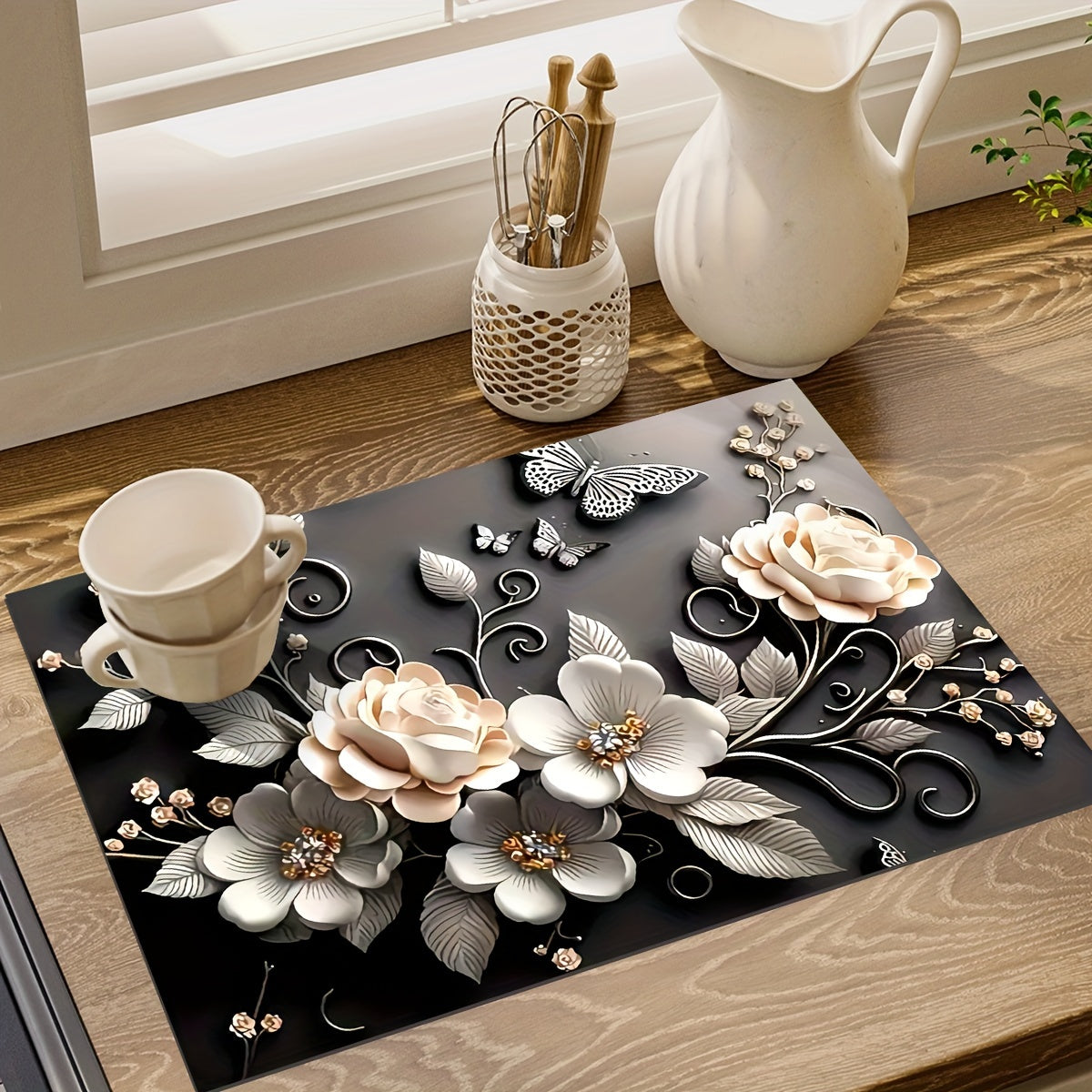 1 piece of 3D floral pattern absorbent mat made of soft silica gel with a non-slip quick-dry pad for kitchen countertop. Ideal dish drying mat for coffee machine, featuring a polyester cover. A must-have for your home kitchen!