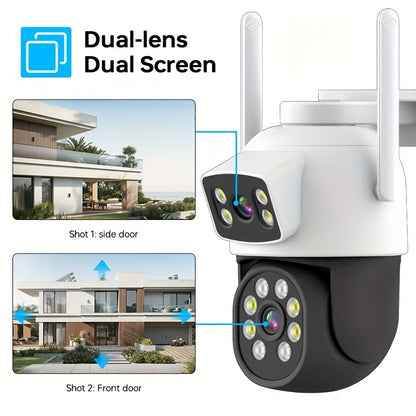 Zhxinsd 4MP Dual Lens Security Camera features 2.4/5GHz WiFi connectivity, motion detection, indoor/outdoor wireless home surveillance, 2-way audio, full color night vision, and is USB powered. Suitable for ages 14 and up, this camera does not require a