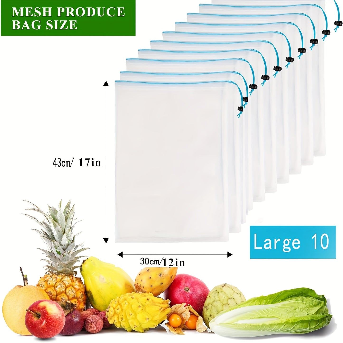 - Set of 10 Reusable Mesh Produce Bags for Fruits and Vegetables, Washable and See-Through
- Premium Quality Toy Storage Bags with Drawstring, Ideal for Fridge Storage and Organizing Toys