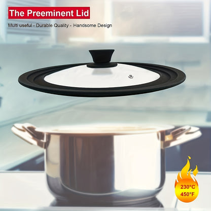 1 piece of a universal pot lid with a diameter of 33.02cm to 38.1cm. This lid is suitable for use with pots, pans, and skillets. It features a unique enlarged heat-resistant silicone rim and is made with tempered glass that is BPA-free.