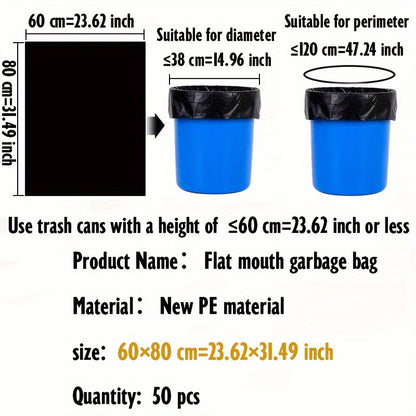 "50 dona 7 gallon va 30 gallon bir martalik axlat qoplari. Bu qalinlashgan qoplar tashqi makon, sanoat, mehmonxona, hovli va boshqa chiqindilar uchun juda mos keladi.