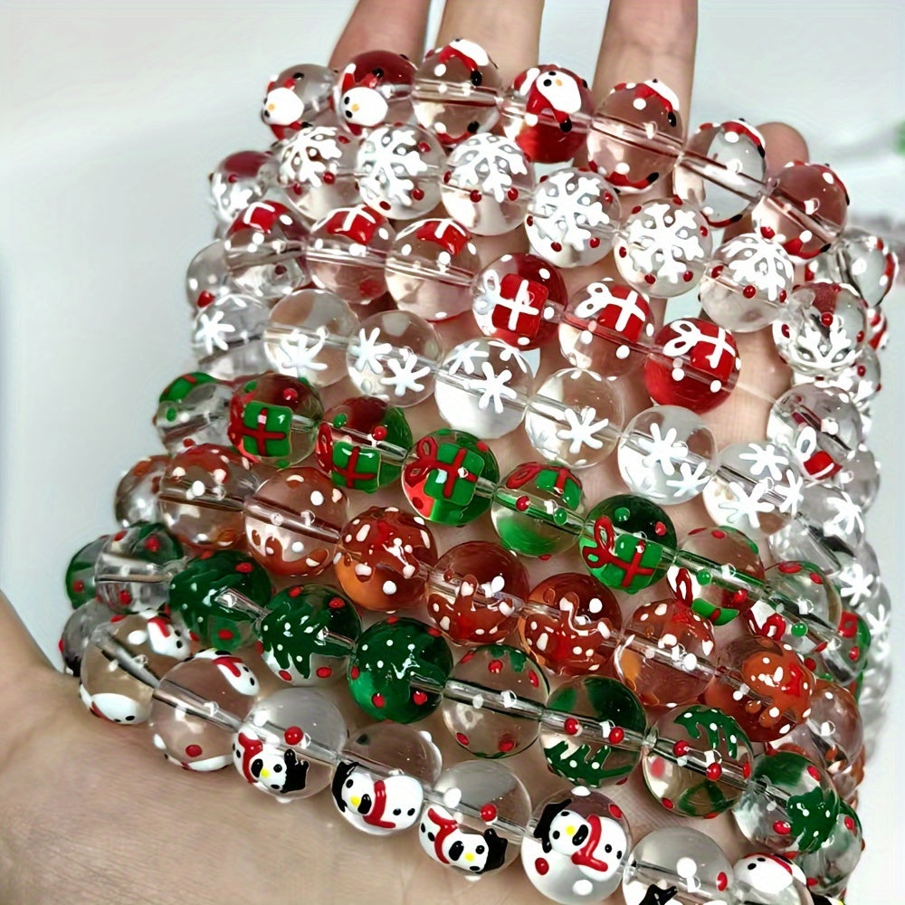 [Bestseller] Set of 15 Festive Hand-Painted Glass Beads - Featuring Christmas-themed Designs Including Santa Hats, Candy Canes, Gingerbread Men & Snowflakes in Vibrant Red, Green, and White. Perfect for DIY Jewelry Making and Christmas Crafts.