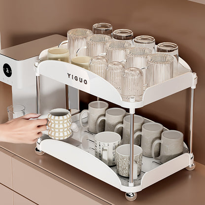 YIGUO Resin Double Tier Kitchen Organizer Rack for Cups, Mugs, Coffee Pods - Open Storage Design, Multi-Use, No Assembly Needed, Includes Desk and Countertop Display Shelf