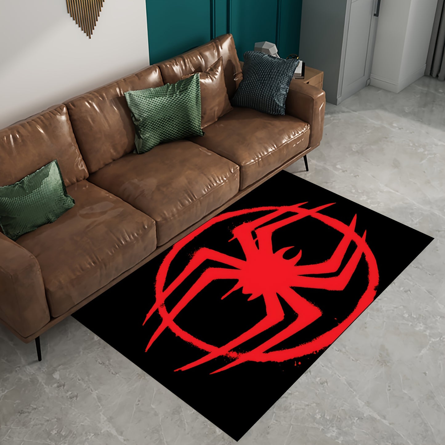 1 piece of a 3D visual spider web pattern area rug that is anti-slip, non-shedding, and stain-resistant, perfect for the living room, bedroom, laundry room, or gaming room. This rug is machine washable and makes a great addition to your home decor or