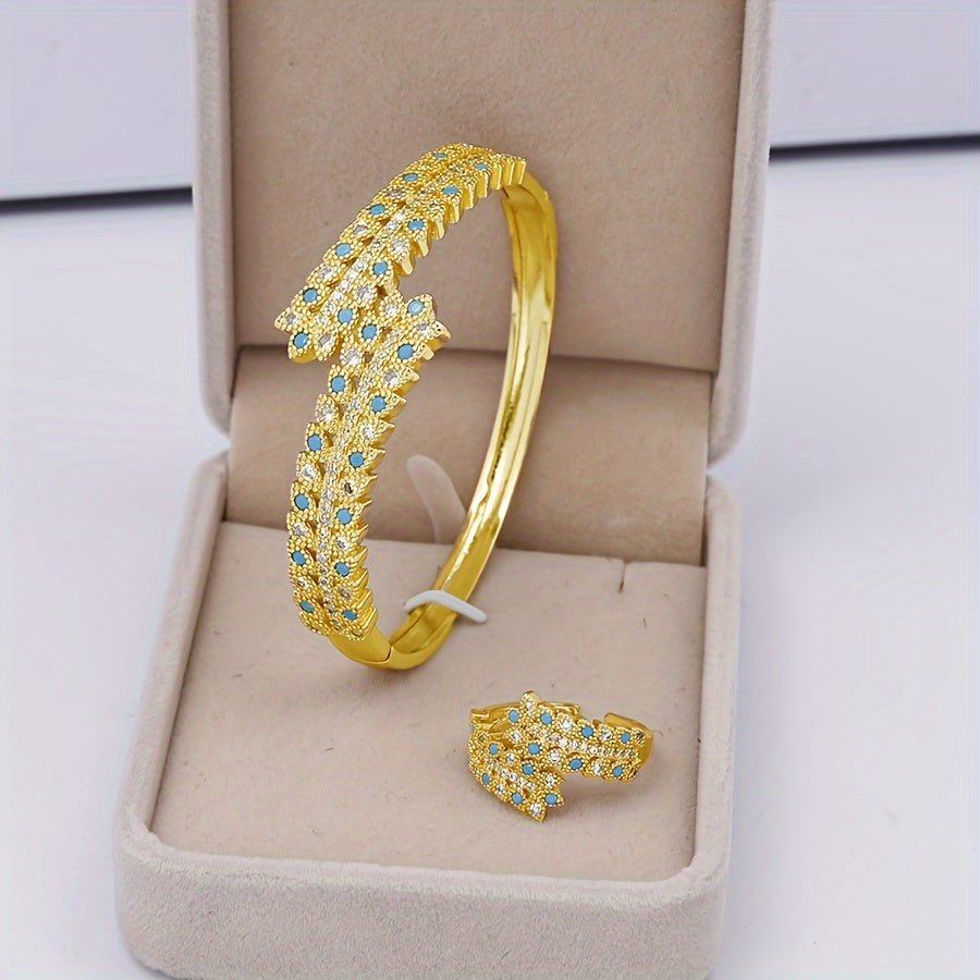 Middle Eastern women's heavy work inlaid zirconia leaf ring and bracelet set jewelry, perfect for bridal clothing accessories or as a Mother's Day gift during summer. The set includes one elegant ring and one stunning bangle.