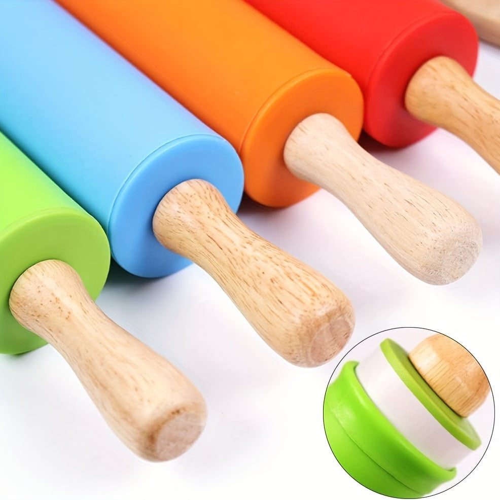 Small rolling pin suitable for kids with a wooden handle and non-stick silicone dough roller, ideal for baking activities.