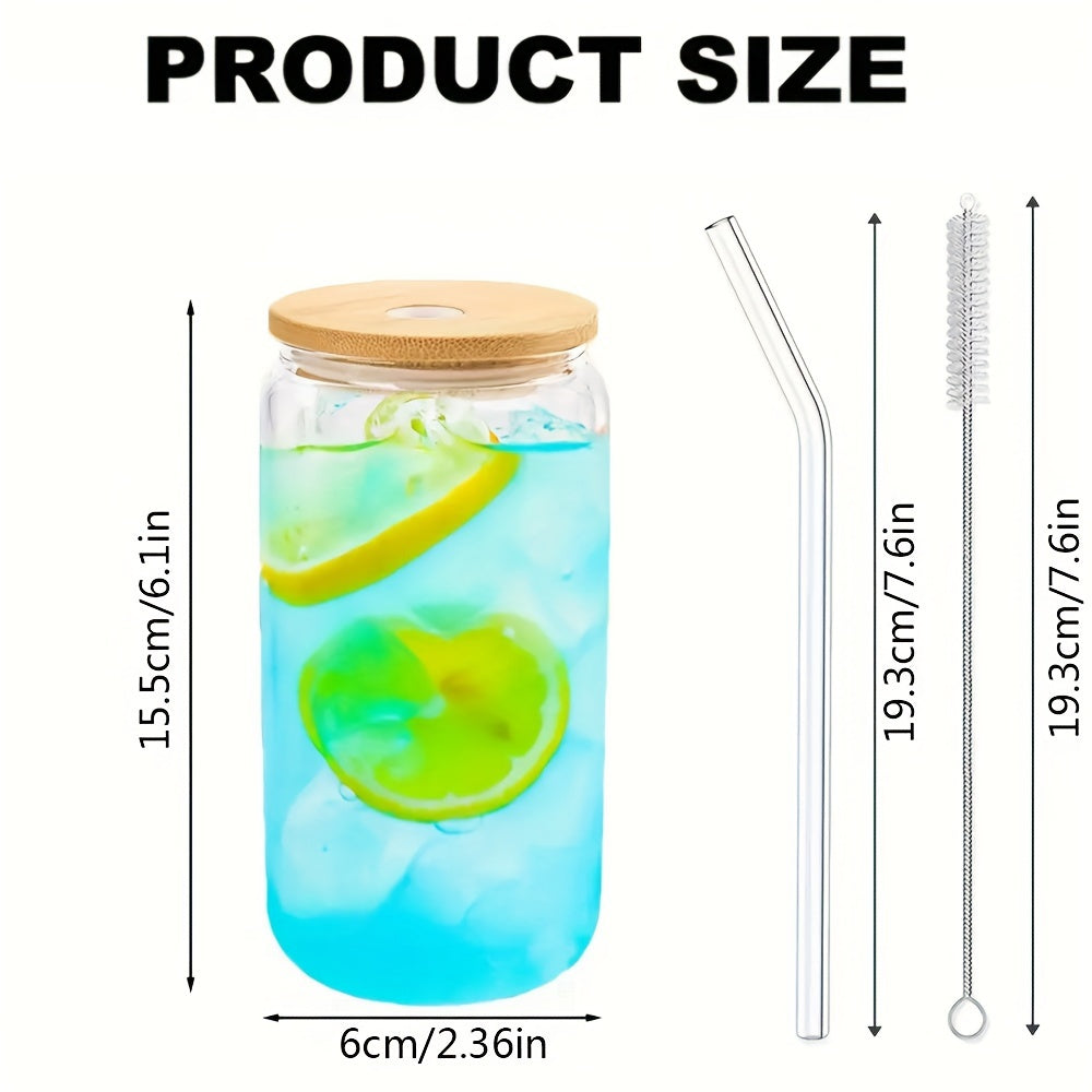 1 pack including 4 pieces: bamboo lids, straws, cleaning brushes, glass water cups, high borosilicate glass cups for cold and hot drinks, as well as glass cups with lids. Ideal for milk tea and fruit juice beverages.