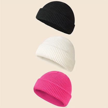 [Customer Favorite] Set of 3 Stylish Solid Color Knit Beanie Hats - Made with 100% Acrylic, Featuring Ribbed Cuffs, Stretchy & Soft Skull Caps in Classic Black, White, & Gray. Perfect for adding a touch of personality to your style!