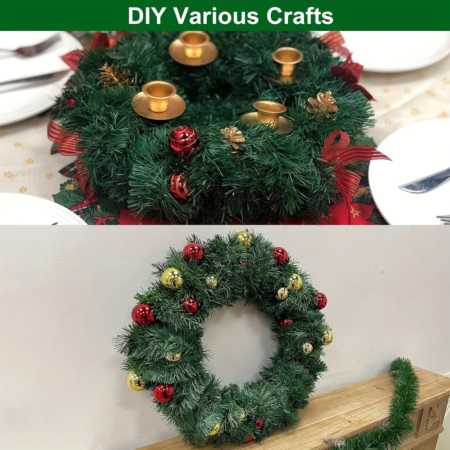 1 piece of a 15.24 meter Christmas wreath, made of artificial pine with soft green plants. Perfect for decorating holiday weddings, parties, both indoors and outdoors. Ideal for Christmas and Thanksgiving decorations.